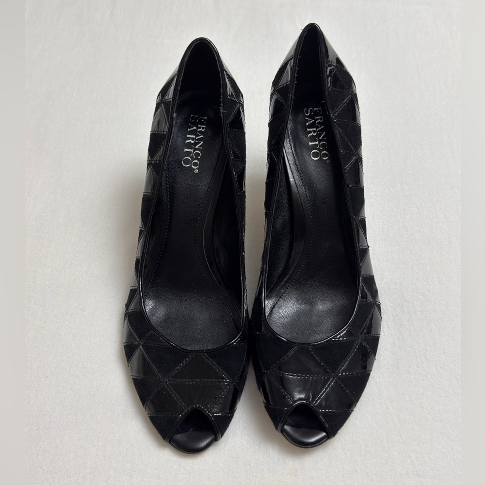 Franco Sarto Black Open Toe Geometric Print Patent & Suede Leather Heels Size 10